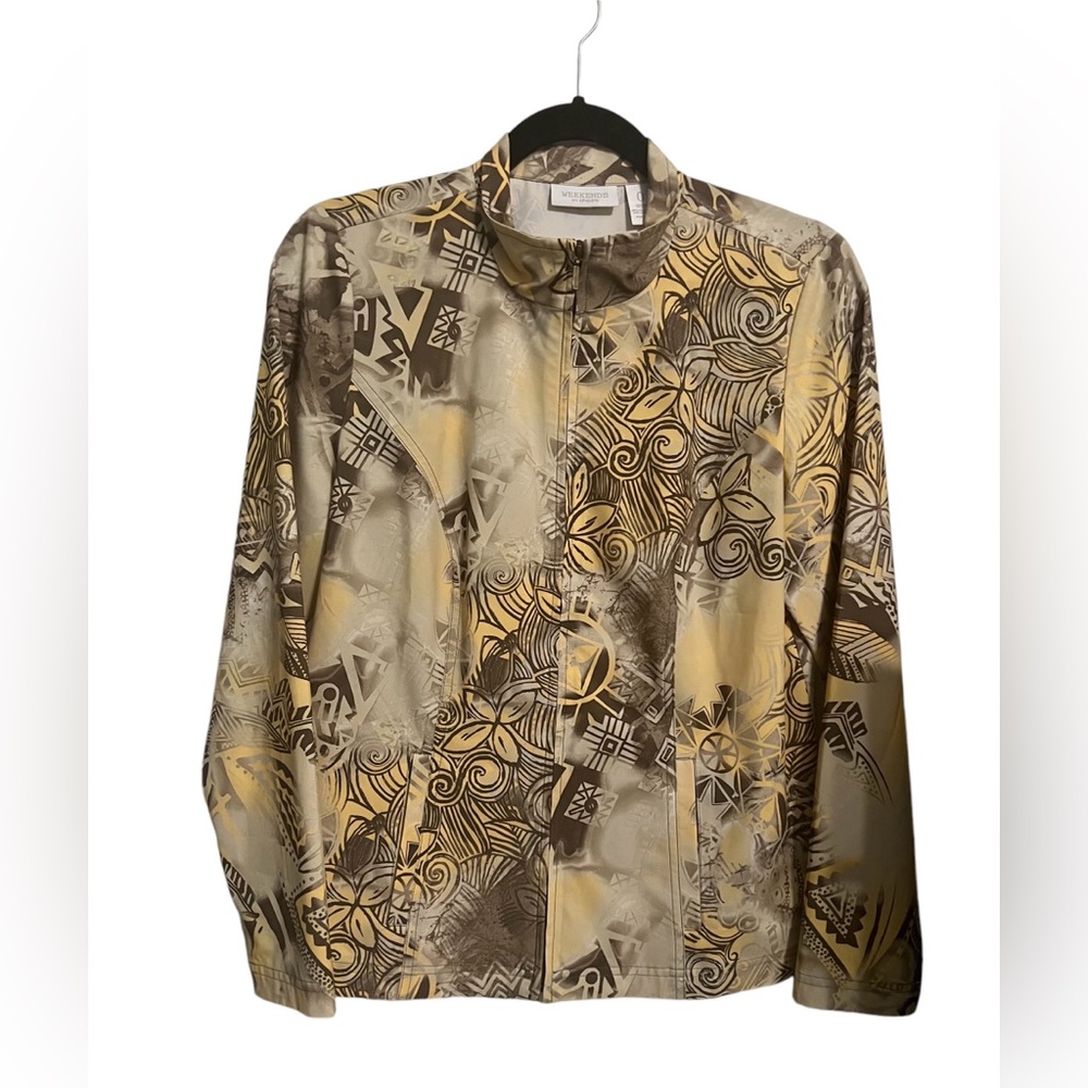 WEEKENDER ABSTRACT PRINT ZIPPER JACKET CHICO SZ 0 = Woman’s Small 4-6)